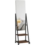 Miroir sur pied rectangulaire avec roulettes angle réglable 2 étagères dim. 42L x 37l x 155H cm verre bois rustique noir