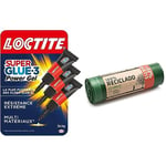 Loctite Super Glue-3 Power Gel Mini Dose, colle forte enrichie en caoutchouc, mini-dose & Relevo sacs poubelle 100% recyclés, très résistant 30L, 20 pièces