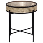 Table Appoint En Metal Noir et Rotin Clair Plateau Amovible Diametre 36 cm Pour