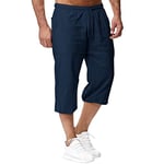 Sprifloral Mens Linen Shorts 3/4 Length Pants Summer Trousers Beach Yoga Joggers Casual Sweatpants Navy XXL