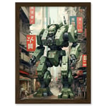 Artery8 Mecha Robot in City Street Anime Sci-Fi Artwork Red Green Giant Humanoid Machine Fantasy Science Fiction Artwork Framed A3 Wall Art Print