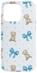 Coque pour iPhone 15 Pro Max Ruban bleu avec motif à pois et ours en peluche mignons