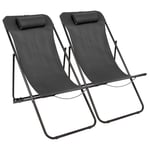 2x Matt Black/Black Folding Metal Deck Chairs Garden Beach Camping Lounger