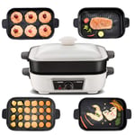 XMZFQ 5 in 1 Multifuction Electric BBQ/Hot Pot/Takoyaki/Frying Pan/Dorayaki Machine, Korean Barbecue Grill, Non-Stick Coating Multi Plate 5-Piece Set,White