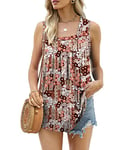 Aokosor Summer Tops for Women Square Neck Vests Ladies Pleated Sleeveless Tank Top Floral Brown Size 6-8