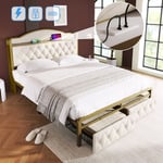 Lit rembourré double 160 x 200 cm avec fonction de chargement usb Type c et tiroirs, sommier à lattes en métal, beige clair, sans matelas