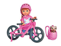 Simba Evi Love 105733273 Holiday Fun Bicycle Doll with Bicycle Dog and Backpack Dress-up Doll, 12 cm, for Children from 3 Years