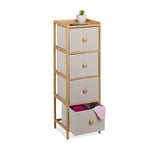 Relaxdays Commode étroite, HLP : 94 x 31 x 30 cm, 4 tiroirs en Tissu, Chambre, Salon, Bambou & Tissu, Beige/Nature