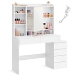 VASAGLE Coiffeuse, Grand Miroir LED à Luminosité Réglable, Table de Maquillage avec Miroir, Compartiments Ouverts, Étagères Réglables, Moderne, Blanc Nuage RDT624W01