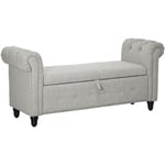 Banquette coffre de rangement 2 en 1 design Chesterfield accoudoirs courbés capitonnés piètement bois noir aspect lin gris