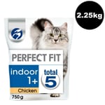 2.25kg Perfect Fit 1+ Adult Complete Dry Indoor Cat Food Chicken (3 X 750g)