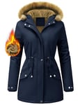 FemiChic Women Winter Coat Waterproof Fleece Lined Jacket Warm Ladies Parka Drawstring Girdle Hooded Thermal Thickened Detachable Faux Fur Mid Length Outdoor Overcoat(Navy,S)