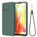 THIYUFUNS Silicone Liquide Coque pour Xiaomi Redmi 12C / Redmi 11A avec Verre trempé,Intérieur Microfibre Etui de Protection Contre Les Chutes Antichoc Full Body Protecteur Housse - Vert foncé