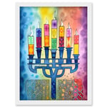 Jewish Menorah Candles Multicolour Folk Art Watercolour Painting Artwork Framed Wall Art Print A4