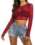 Avidlove Haut basique sexy pour femme - Crop Shirt Festival - Tenue rave - Manches longues - Clubwear, Bordeaux, XXL