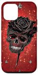 Coque pour iPhone 15 Pro Rose noire et crâne sur toile rouge