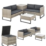 Juskys Coin Lounge extérieur Santorini en polyrotin - Salon de Jardin avec Table Basse et Coffre à Coussins - Meubles de Jardin en Imitation rotin résistant aux intempéries - Gris chiné