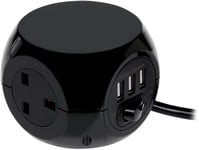 NEW 3 WAY BLACK CUBE POWER SOCKET 3 USB PORTS & 1.4M ELECTRIC EXTENSION LEAD