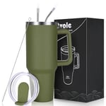 Livole 40oz Tumbler with Handle, 1200ml Leakproof Vacuum Travel Mug for Cold Hot Drink, Insulated Coffee Cup with Straw and Lid, Stainless Steel Water Bottle for Travel, Camping, Sports, Army Green