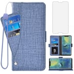 Asuwish Compatible with Huawei P20 Wallet Case Tempered Glass Screen Protector and Flip Cover Card Holder Stand Cell Accessories Phone Cases for Hwauei Hawaii P 20 20P EML-L09 EML-L29 Women Men Blue