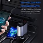 Retractable Car Charger 4-in-1 Fast Charger with Dual Type-C Cables and 2 Charging Ports with Voltage Display