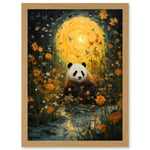 Harvest Moon Panda Landscape Oil Painting Panda Bear in a Wildflower Meadow with Flowing Stream Kids Bedroom Artwork Framed Wall Art Print A4