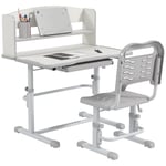 ZONEKIZ Bureau Enfant avec Chaise en Acier - Ensemble Bureau et Chaise Hauteur réglable - étagère, Tablette coulissante Multi-Rangement, Bureau inclinable 45° - Gris Blanc