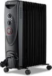 PureMate 2500W Oil Filled Radiator, 11 Fin, 3 Power Settings, Black Heater