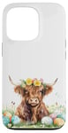 iPhone 13 Pro Highland Cow Spring Cute Easter Pattern Eggs Floral Flowers Case