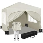 WOLTU Tente de Fête avec 4 Sacs de Sable,Tonnelle de Jardin avec 4 Parois Latérales,Pavillon Pop-Up avec Toit en Demi-Cercle,Tente Pliante pour Marché en Plein Air,Tente Pare-Soleil 3x3m Beige