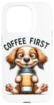 Coque pour iPhone 15 Pro Coffee First Tasse à café Motif chiot mignon