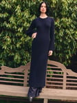 HUSH Penny Crew Neck Ribbed Wool Blend Maxi Dress, Midnight Navy