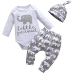 Nyfödd Baby Boy Kläder Höst Vinter Långärmad Romper Elefant Tryck Topp + Byxor + Mössa 3-Delad Set Gray 0-3 months