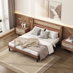 Lit adulte 160x200cm, lit double en bois pin+MDF, avec sommier à lattes en bois, et tête de lit designe rotin pvc+pu, noyer