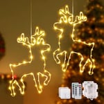 2 Packs Window Lights Christmas Decorations 120 LED 8 Modes Reindeer Christmas Window Lights Battery Operated with Remote & Timer Xmas Window Lights Fairy Light with 2 Hooks for Indoor Outdoor