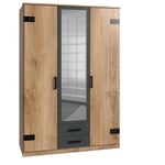 Armoire lisburn style industriel 135 cm 3 portes 2 tiroirs chêne poutre graphite