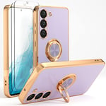 YIRSUR Case Compatible with Samsung Galaxy S23 with 2 Pack Screen Protector, with Ring Holder Plating Rose Gold Edge 360° Kickstand Cover Slim Soft Flexible TPU Protective for Samsung S23 -Purple