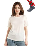 Merino.tech T Shirt Merinos Femme - Laine Merinos Chemise Femme + Chaussettes de randonnée en Laine mérinoss (Medium, Off White Crewneck)