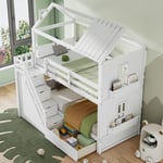 Lit superposé enfant 90x200cm, lit cabane, escalier de rangement + tiroir + étagère de rangement, sans matelas, pin + mdf, blanc