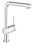 GROHE Minta – Low Pressure Kitchen Tap with Pull-Out Spray Head (L-Spout 328 mm, 360° Swivel Range, 46 mm Ceramic Cartridge, Tails 3/8 Inch), Chrome, 31397000