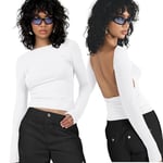 Arkim Top Dos Nu Femme Y2K Backless Top T-Shirts à Manches Longues Femme, Sexy Haut Dos Nu Y2k Femme, Skims Top Dupes Long Sleeves(Blanc,L)