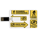 16G USB Flash Drives Credit Card Shape Zombie Decor Memory Stick Bank Card Style Safe Area Zombie Free Safe Protection Zone Caution Sign Horror War Design,Yellow Black Waterproof Pen Thumb Lovely Jump