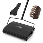 JEHONN Carpet Floor Sweeper Manual with Horsehair, Non Electric Quite Rug Roller Brush Push for Cleaning Pet Hair, Loose Debris, Lint (Black)