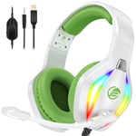 Fachixy 「2024 New」FC100 Casque Gaming pour PC/PS4/PS5/Xbox/Mac/Nintendo Switch, Casque Gamer PS4 avec Lumière RVB, Casque PS5 avec Micro, Casque Antibruit avec Prise Jack 3,5 MM - Blanc Vert