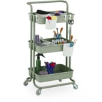 Chariot à roulettes, 3 niveaux, pour service, salle de bain & bureau, HxLxP : 86x42,5x36cm, bricolage, vert - Relaxdays