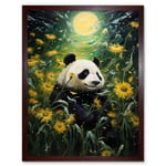 Midsummer Night's Panda Dream Oil Painting Panda Bear in a Full Moon Sunflower Field Landscape Kids Bedroom Art Print Framed Poster Wall Decor 12x16 i