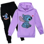 Barn Flickor Stitch Träningsoverall Huvtröja Toppar Huvtröja Joggingbyxor Set Outfits Kläder 11- Purple