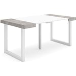 Table console extensible, Console meuble, 160, Pour 8 personnes, Pieds bois massif, Style moderne, Blanc et ciment - Skraut Home