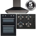 SIA 60cm Black Double Electric Oven, 4 Burner Gas On Glass Hob & Cooker Hood Fan