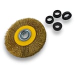 Brosse circulaire laiton ø 125 mm Epaisseur 2 rangs Fil dur 0.30 mm ondulé Alésage 16 mm Touret meuleuse affûteuse ponceuse Brossage décapage